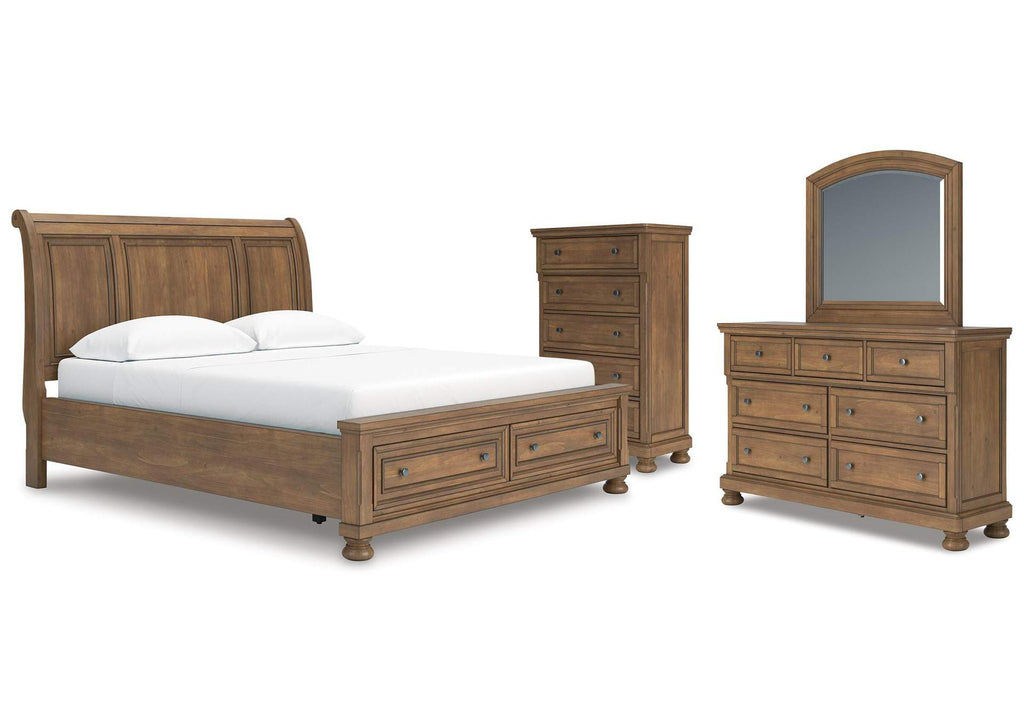 Vandenmore California King Storage Sleigh Bed with Mirrored Dresser and Chest