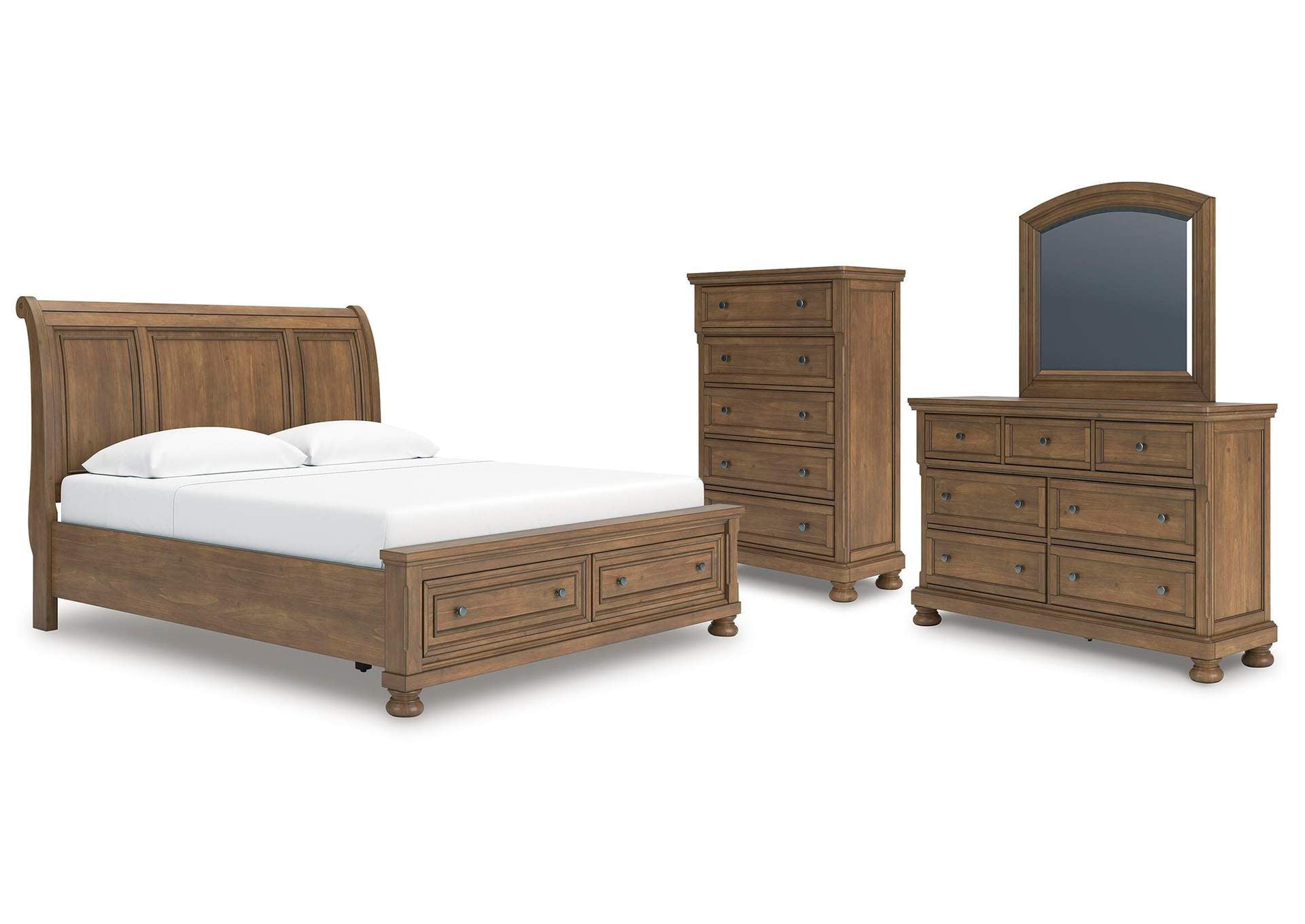 Vandenmore King Storage Sleigh Bed with Mirrored Dresser and Chest