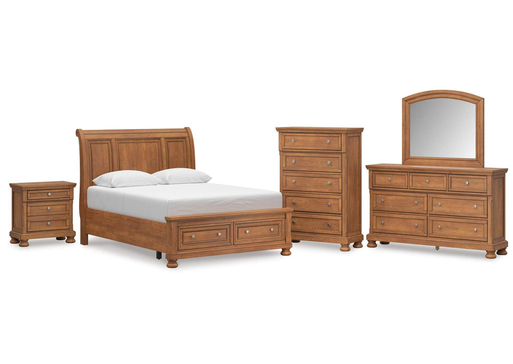Vandenmore Queen Storage Sleigh Bed with Mirrored Dresser, Chest and Nightstand