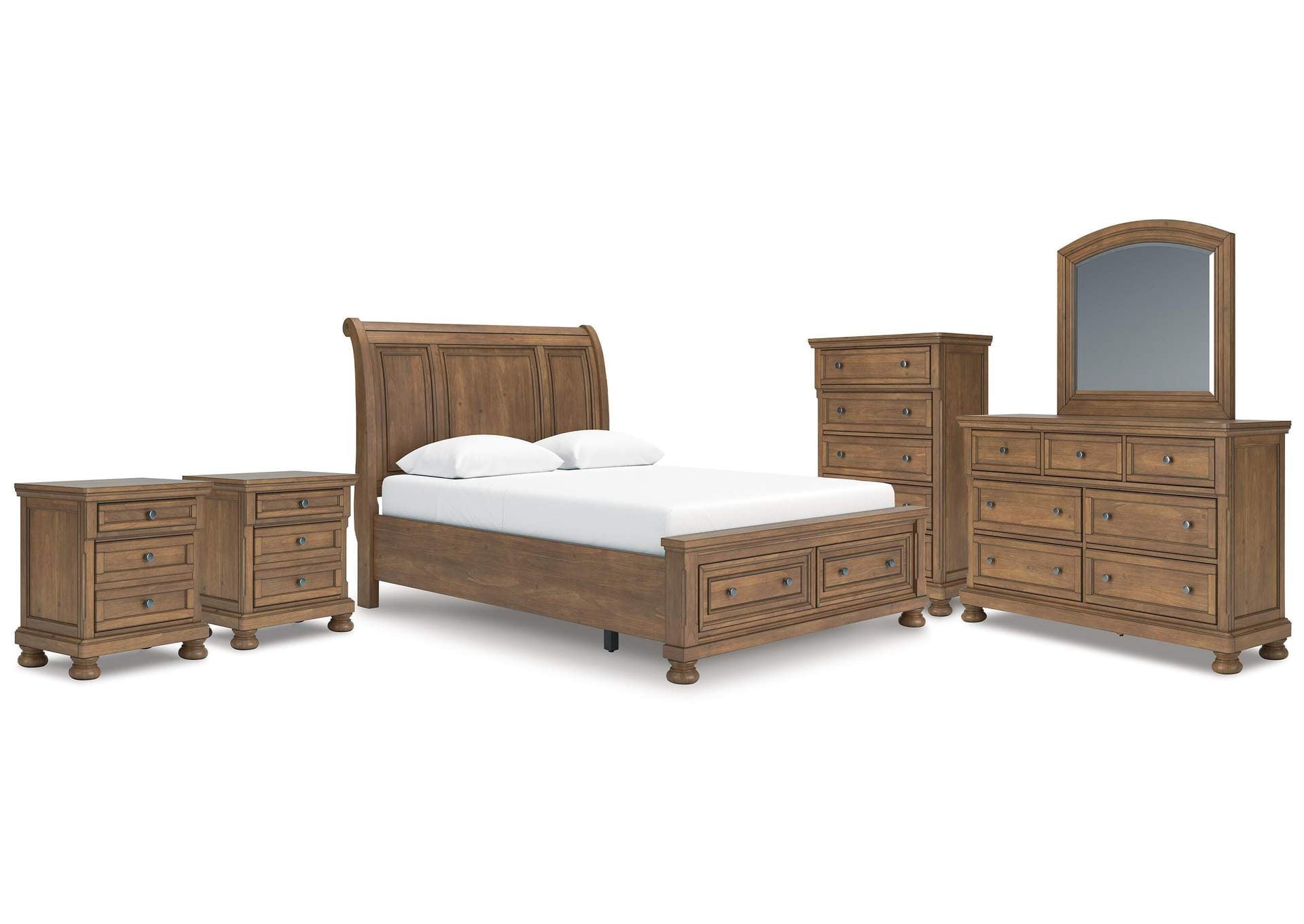 Vandenmore Queen Storage Sleigh Bed with Mirrored Dresser, Chest and 2 Nightstands