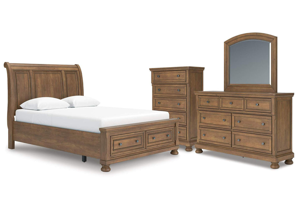 Vandenmore Queen Storage Sleigh Bed with Mirrored Dresser and Chest