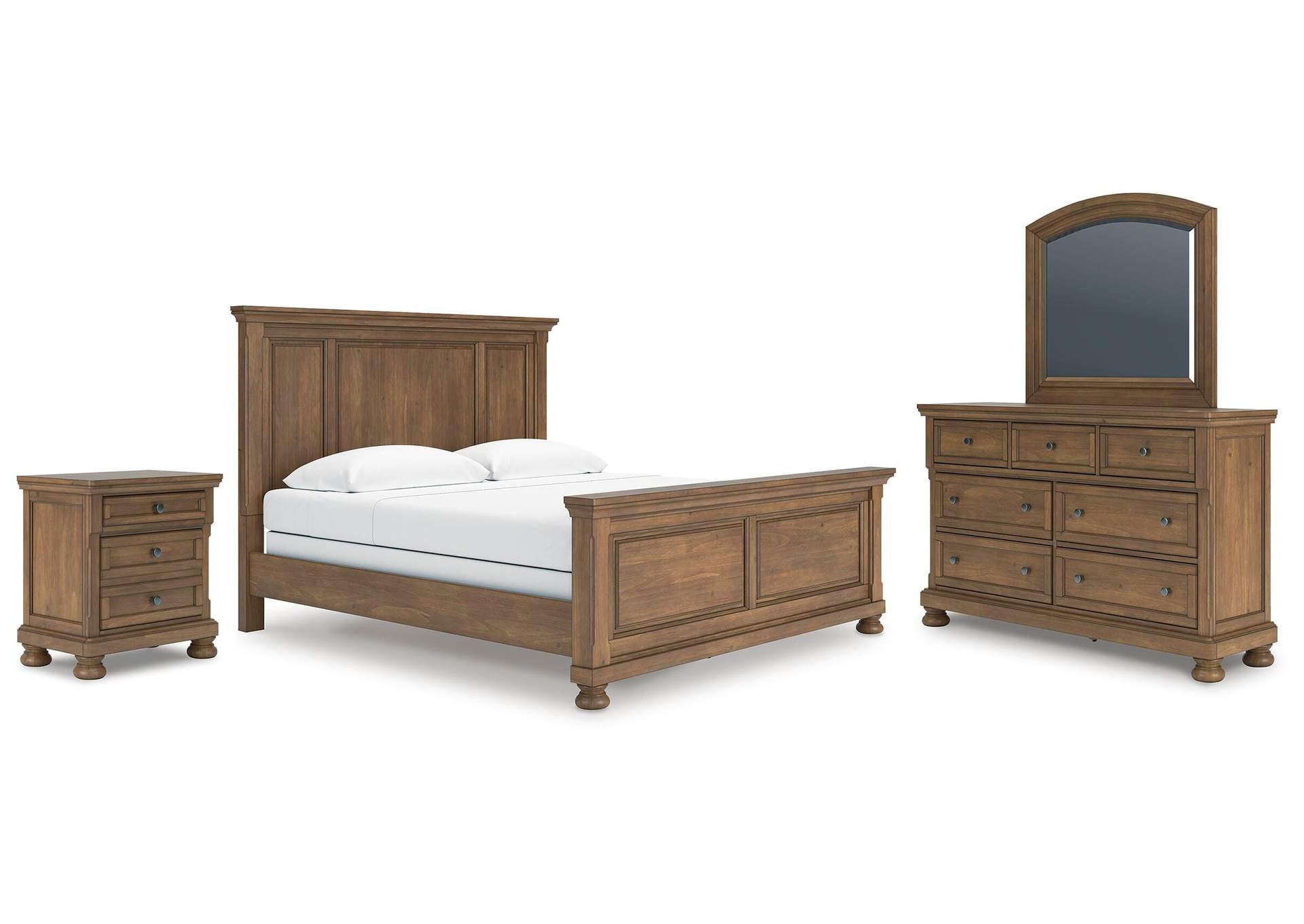 Vandenmore King Panel Bed with Mirrored Dresser and Nightstand