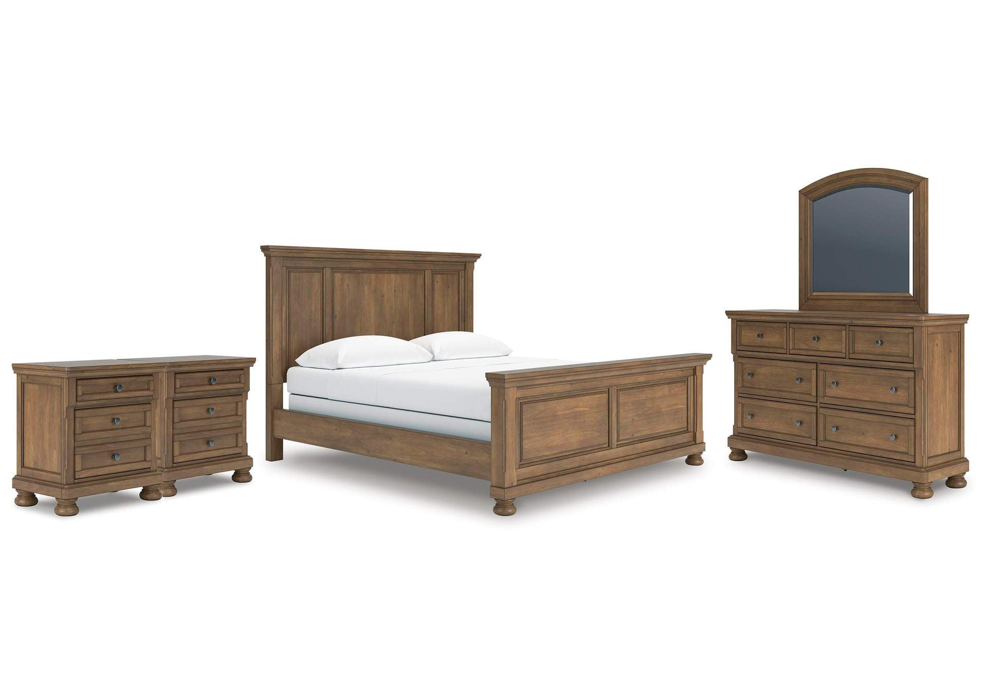 Vandenmore California King Panel Bed with Mirrored Dresser and 2 Nightstands