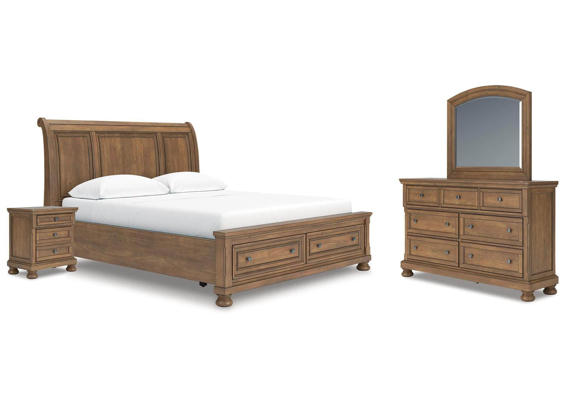 Vandenmore California King Storage Sleigh Bed with Mirrored Dresser and Nightstand