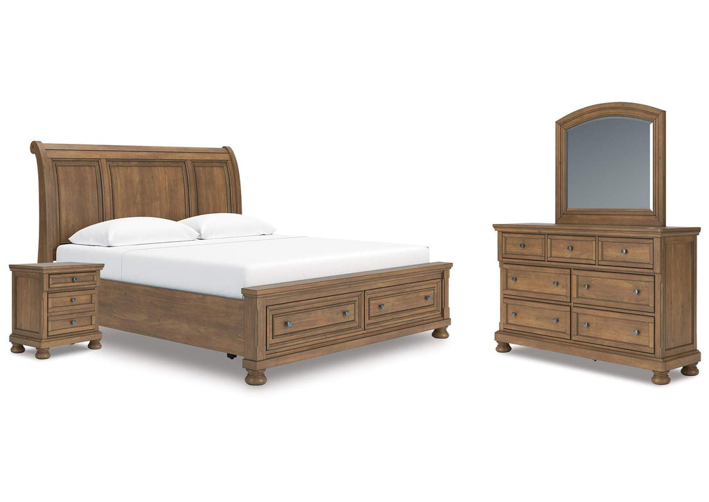 Vandenmore King Storage Sleigh Bed with Mirrored Dresser and Nightstand
