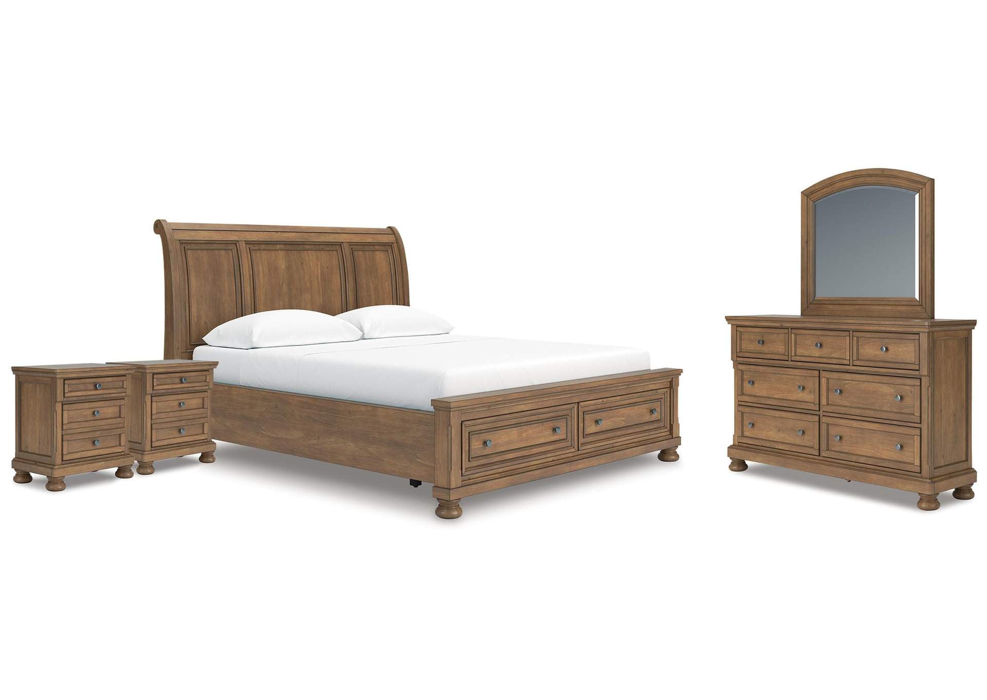 Vandenmore California King Storage Sleigh Bed with Mirrored Dresser and 2 Nightstands