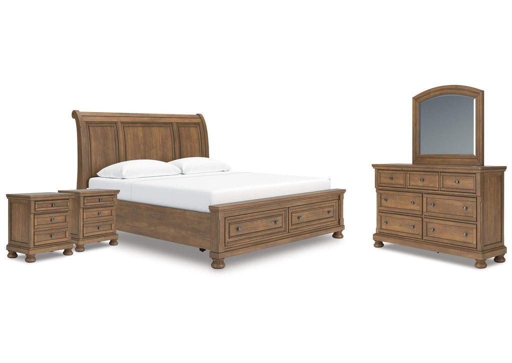 Vandenmore King Storage Sleigh Bed with Mirrored Dresser and 2 Nightstands