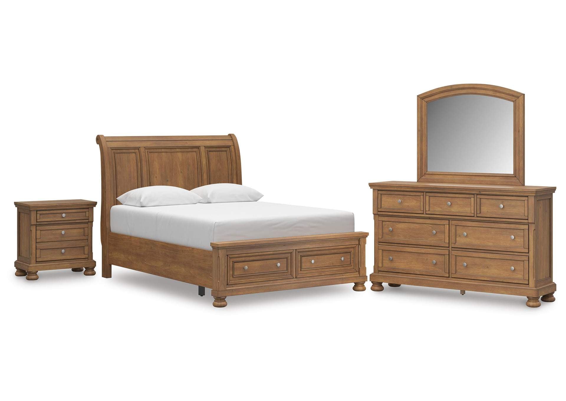 Vandenmore Queen Storage Sleigh Bed with Mirrored Dresser and Nightstand