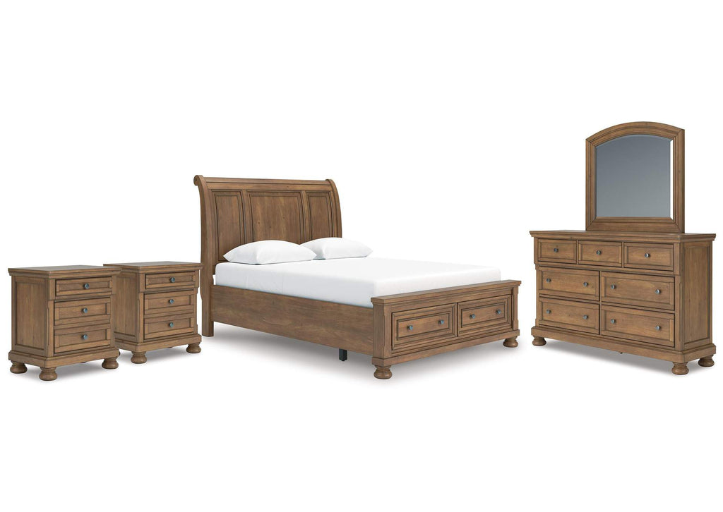 Vandenmore Queen Storage Sleigh Bed with Mirrored Dresser and 2 Nightstands