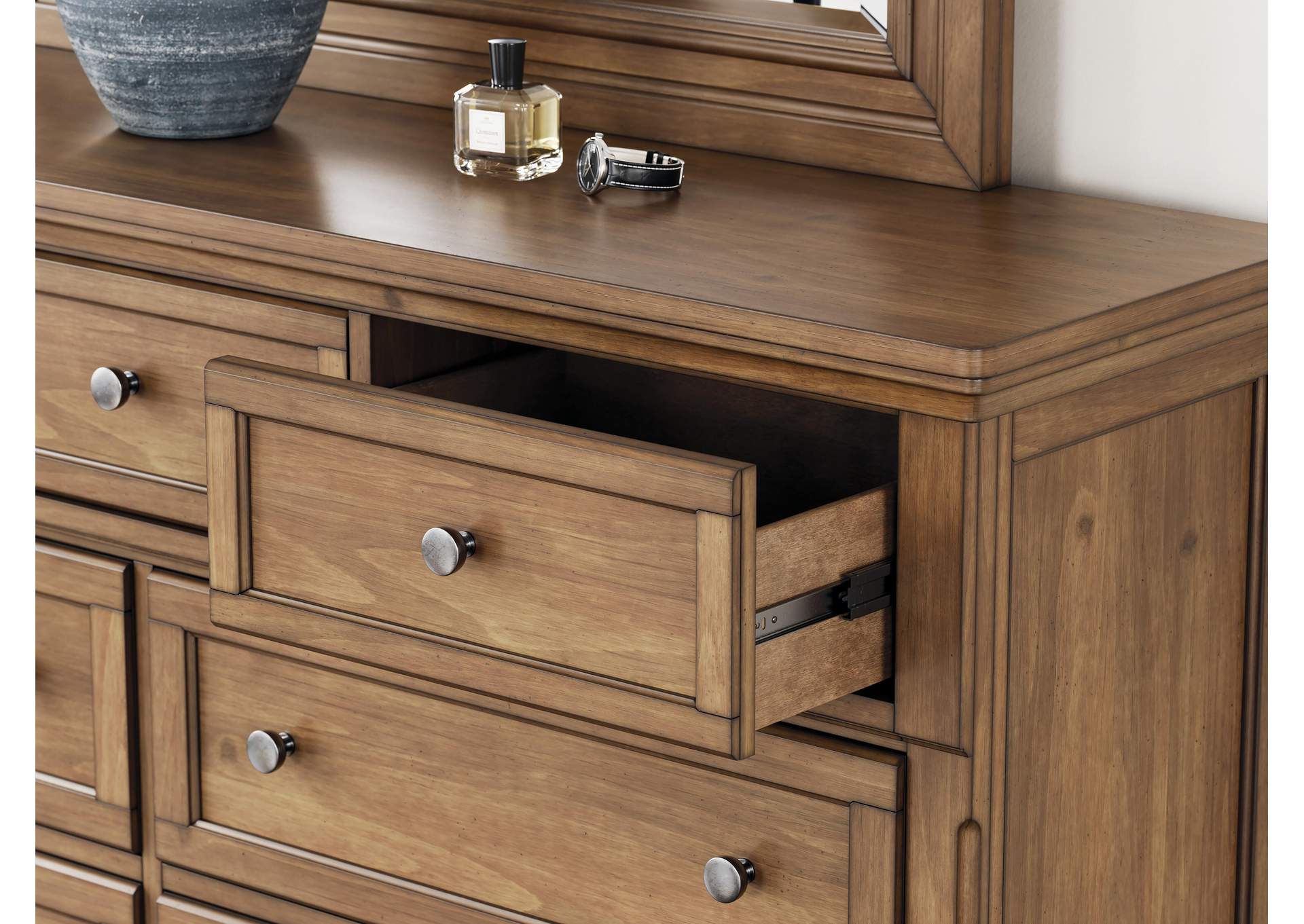 Vandenmore Queen Storage Sleigh Bed with Mirrored Dresser, Chest and Nightstand detail