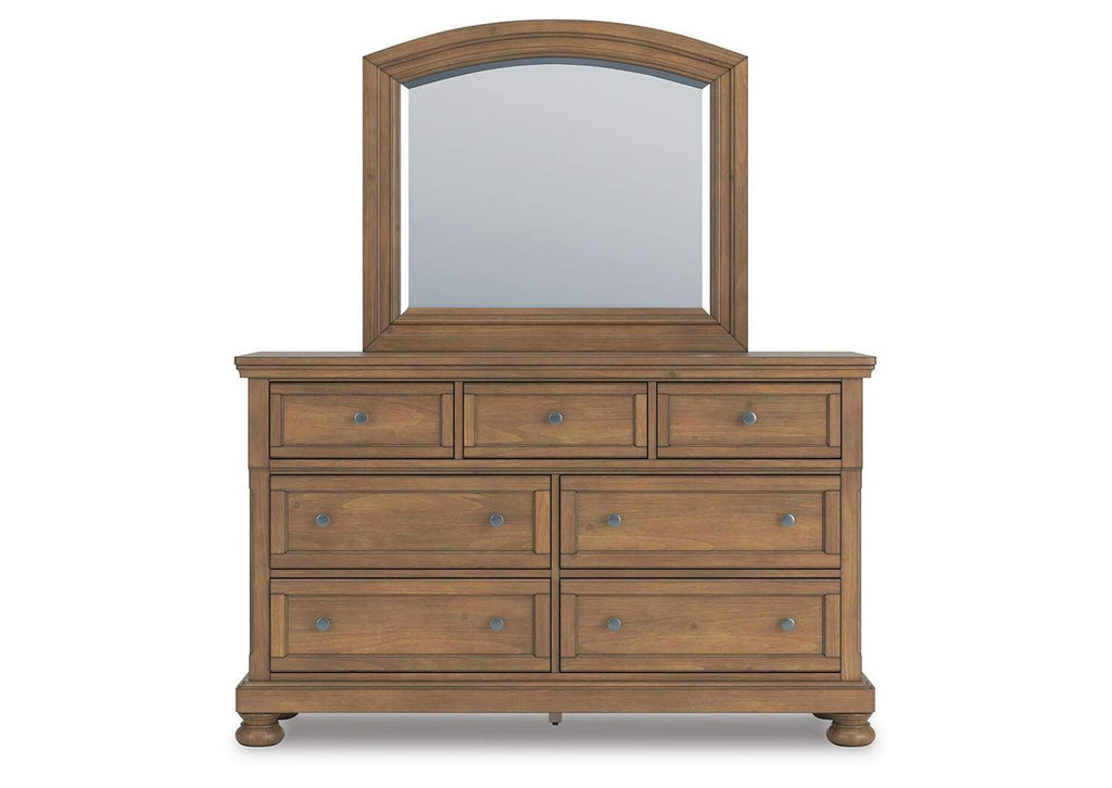 Vandenmore California King Storage Sleigh Bed with Mirrored Dresser and 2 Nightstands front view