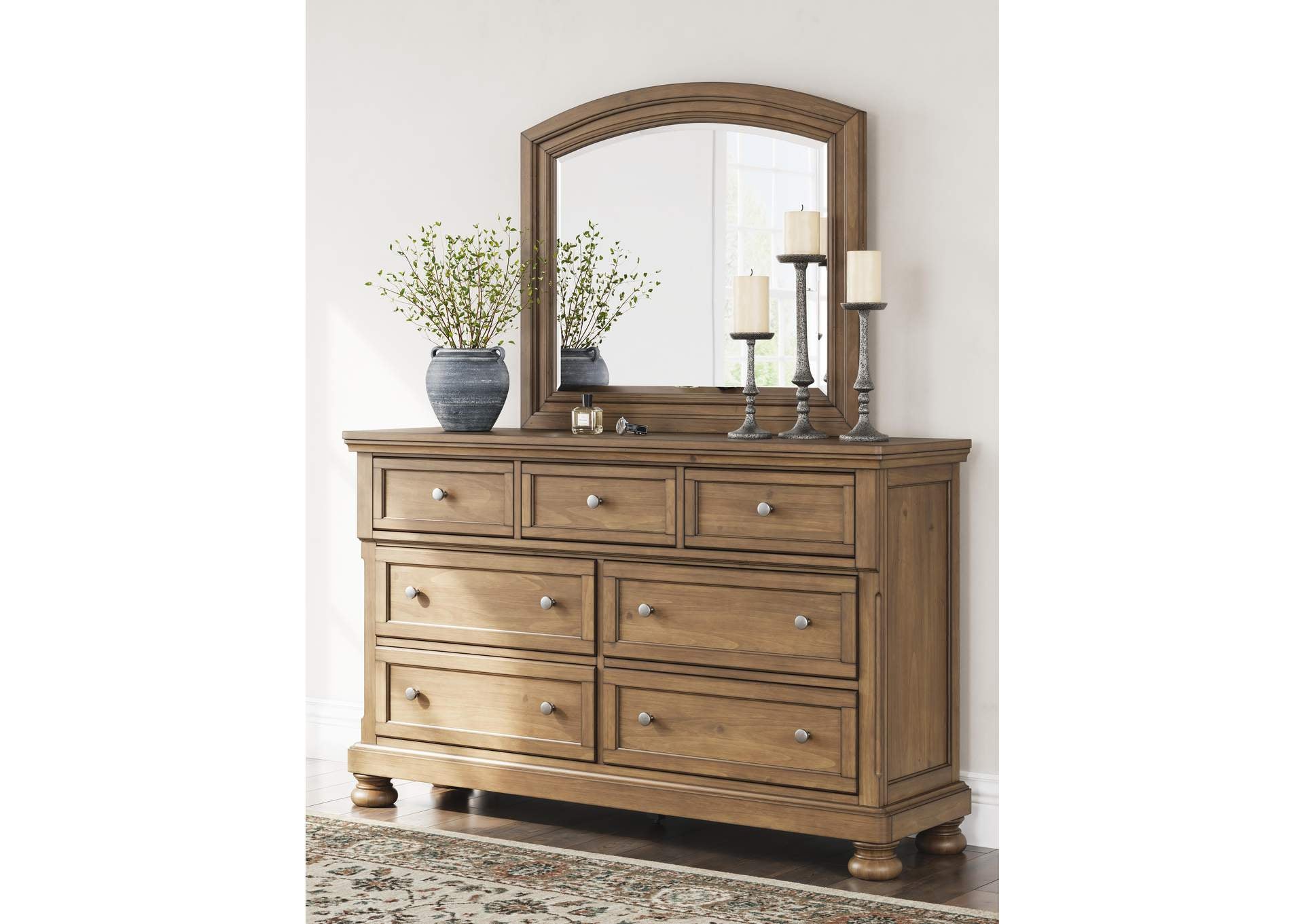 Vandenmore King Storage Sleigh Bed with Mirrored Dresser and 2 Nightstands
