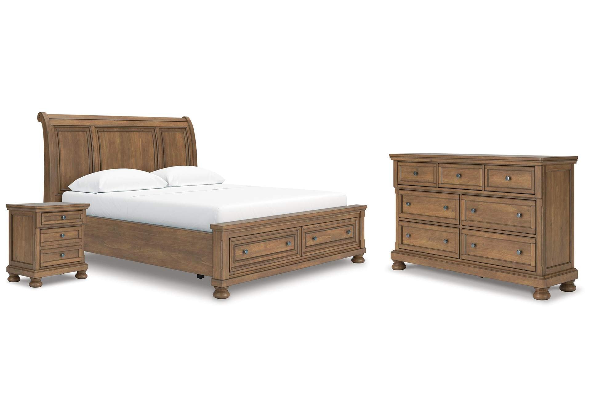 Vandenmore California King Storage Sleigh Bed with Dresser and Nightstand