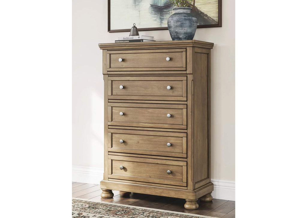 Vandenmore California King Panel Bed with Mirrored Dresser and Chest