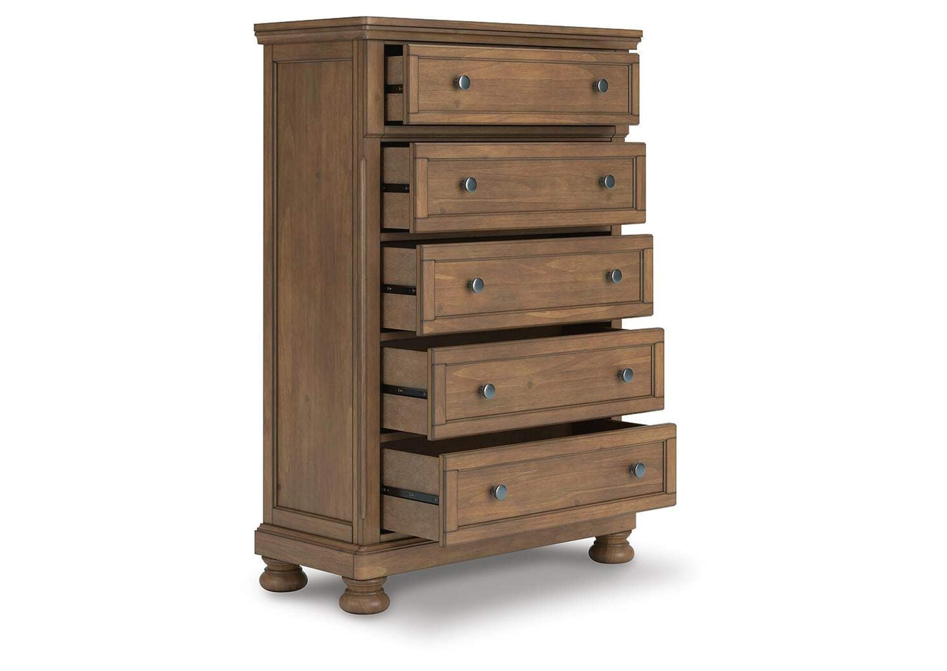 Vandenmore California King Storage Sleigh Bed with Mirrored Dresser and Chest angled view