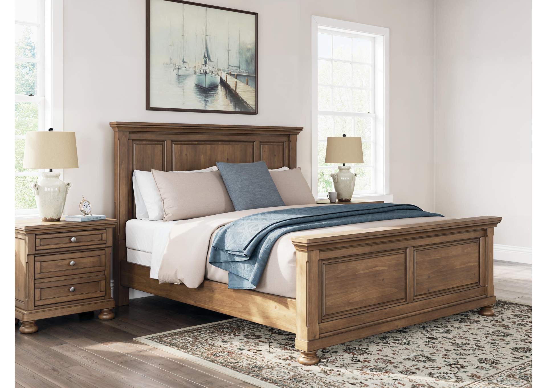 Vandenmore California King Panel Bed with Mirrored Dresser, Chest and 2 Nightstands