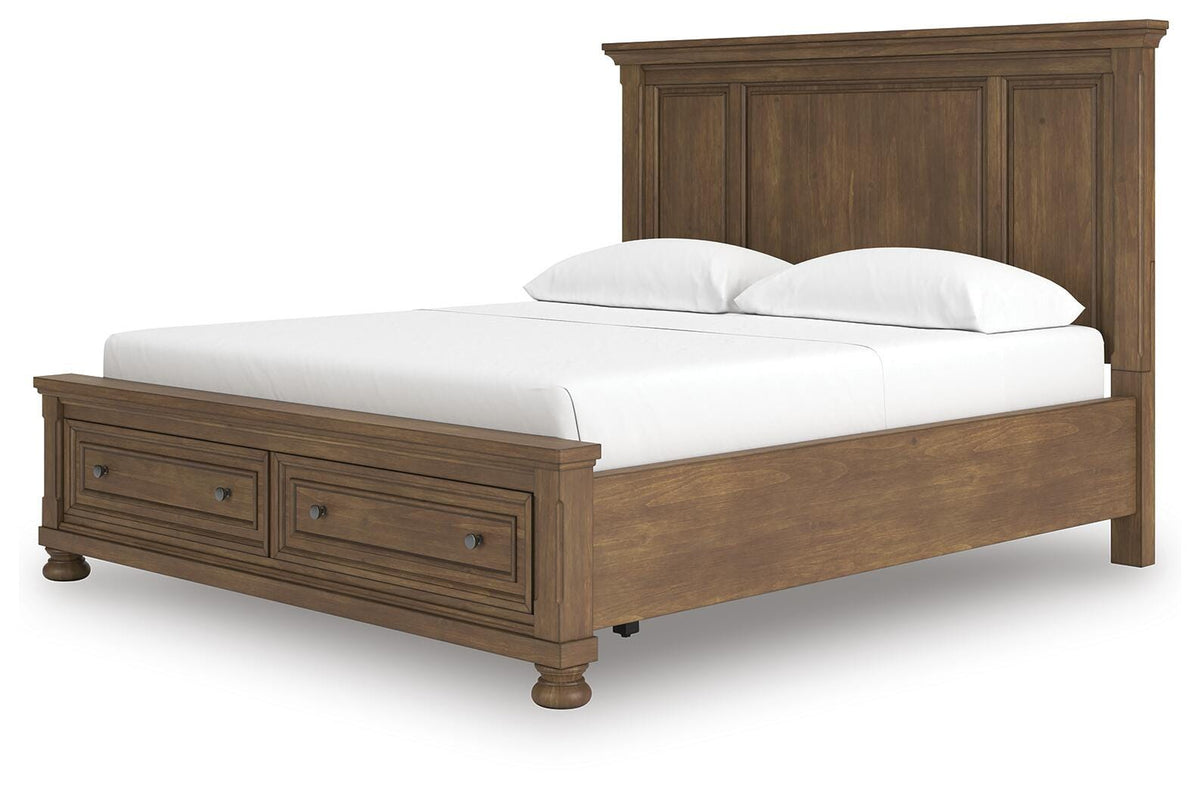 Feddinger California King Panel Storage Bed in Medium Brown, angle view