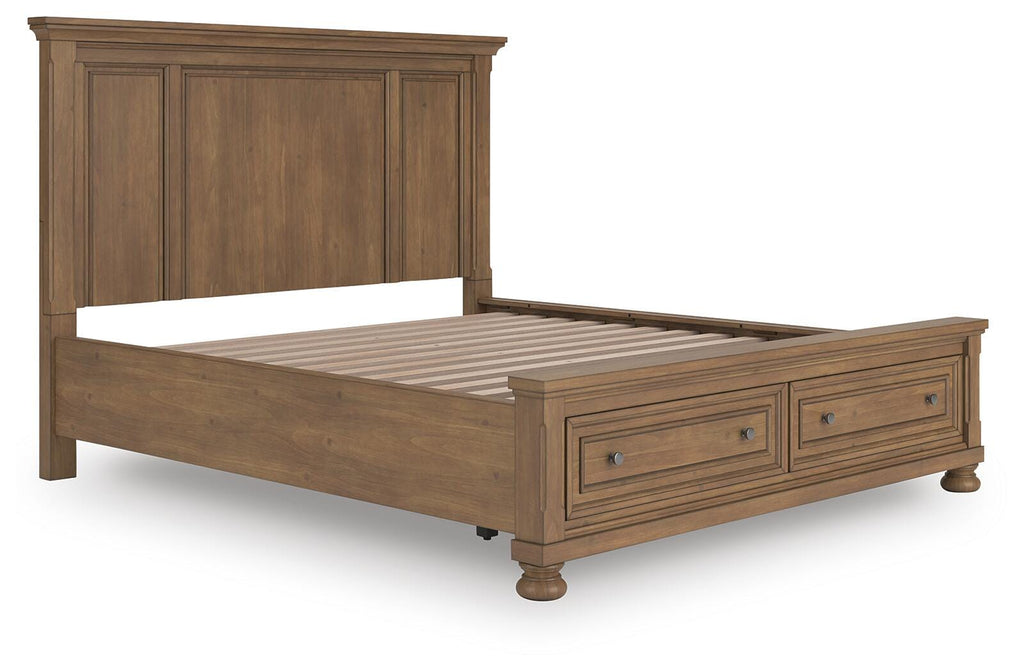 Feddinger California King Panel Storage Bed in Medium Brown, angle view