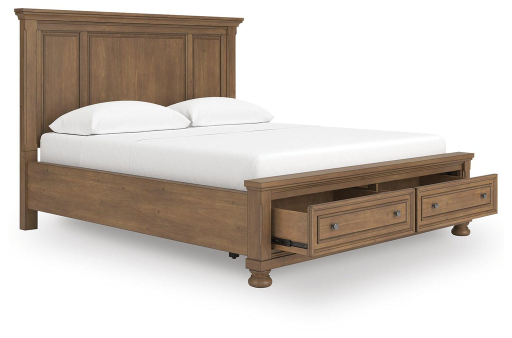 Feddinger California King Panel Storage Bed in Medium Brown, open view