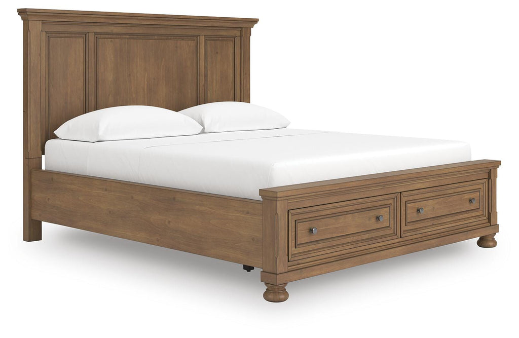 Feddinger California King Panel Storage Bed in Medium Brown, angle view