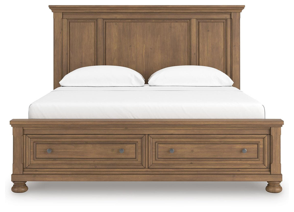 Feddinger California King Panel Storage Bed in Medium Brown, front view