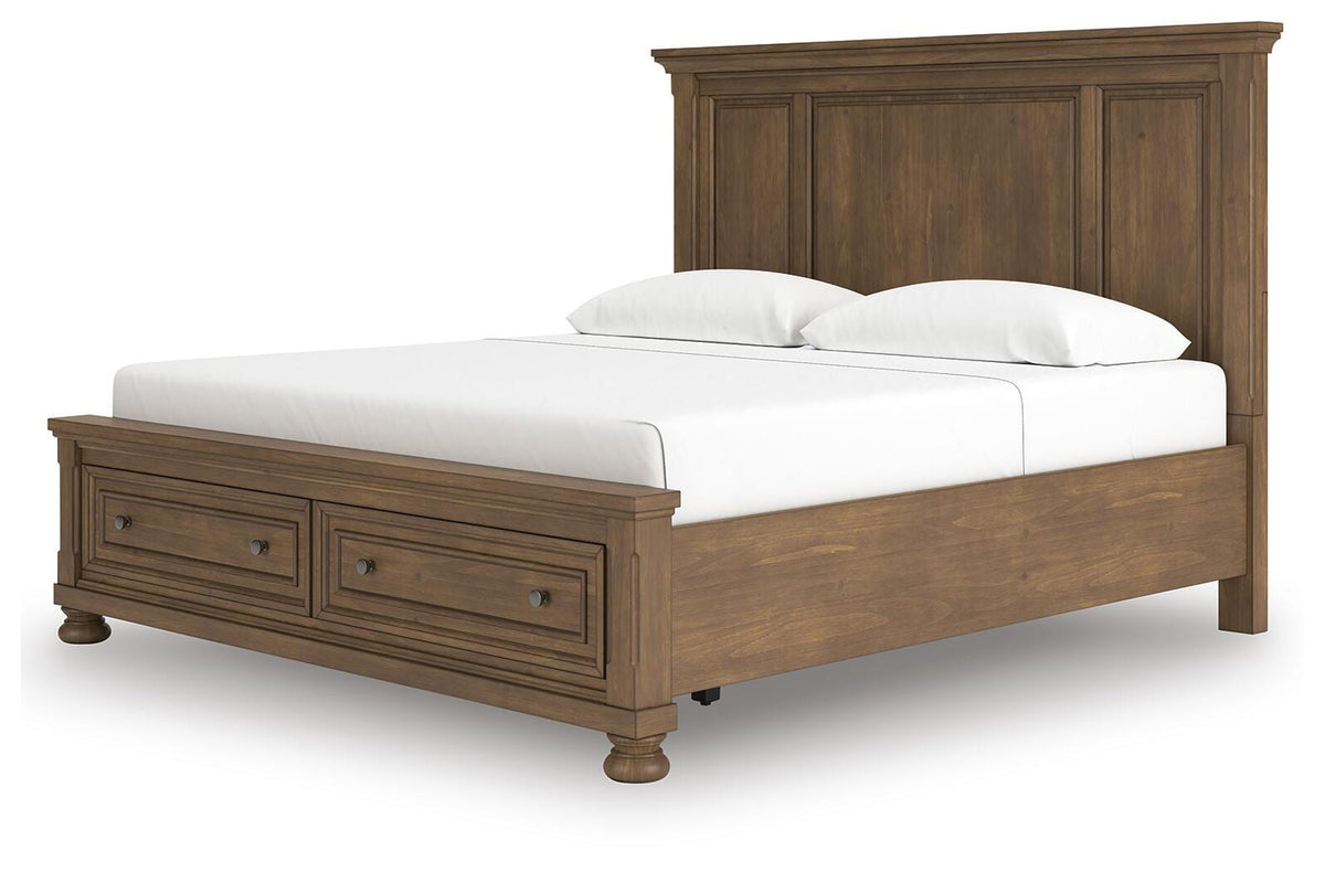 Feddinger King Panel Storage Bed in Medium Brown, angle view