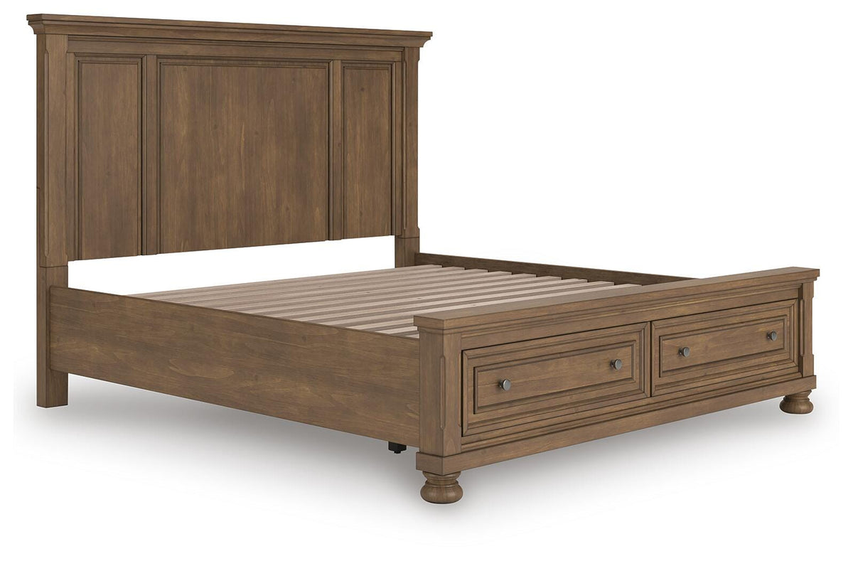 Feddinger King Panel Storage Bed in Medium Brown, angle view