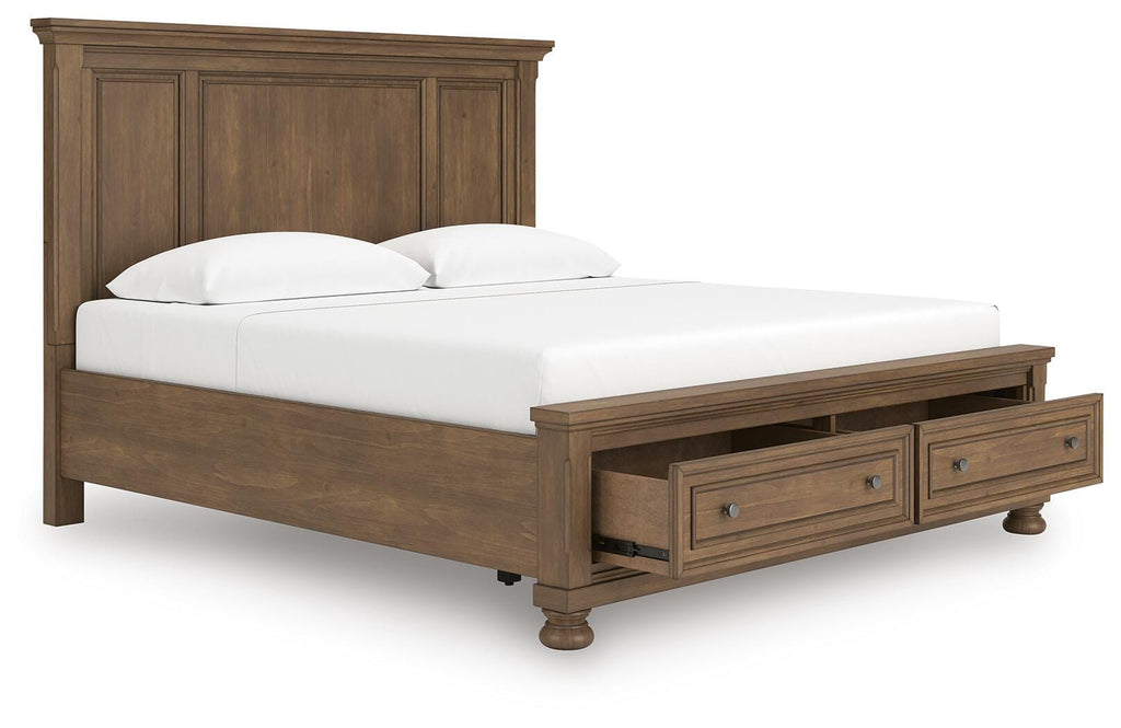 Feddinger King Panel Storage Bed in Medium Brown, open view