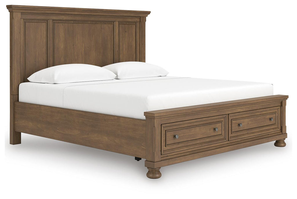 Feddinger King Panel Storage Bed in Medium Brown, angle view