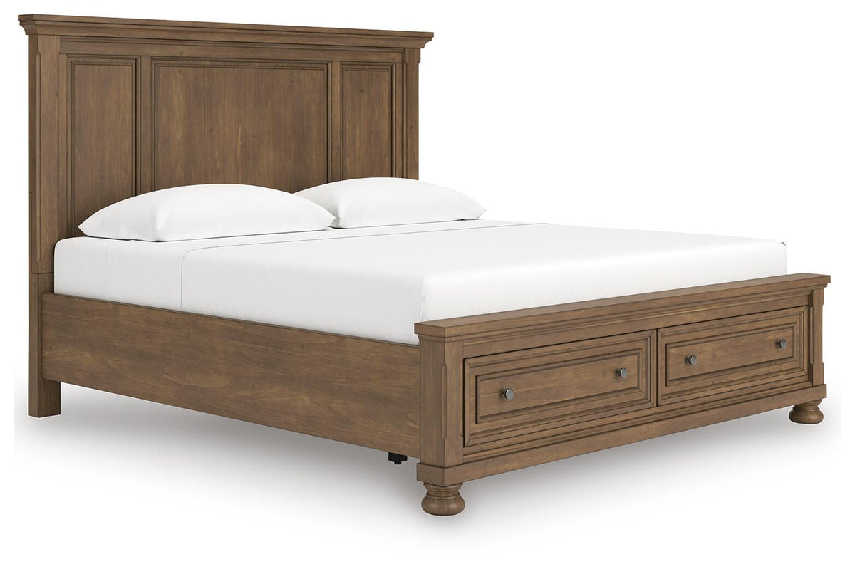 Feddinger King Panel Storage Bed in Medium Brown, angle view