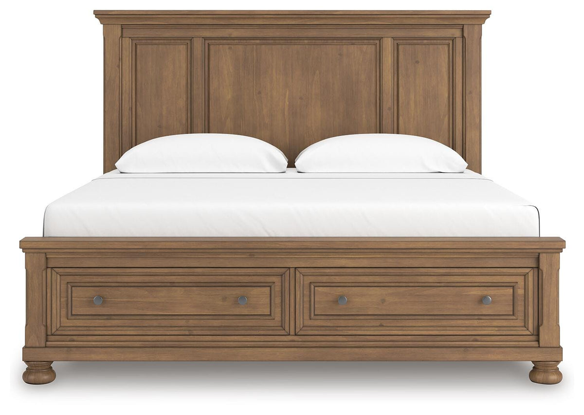 Feddinger King Panel Storage Bed in Medium Brown, front view
