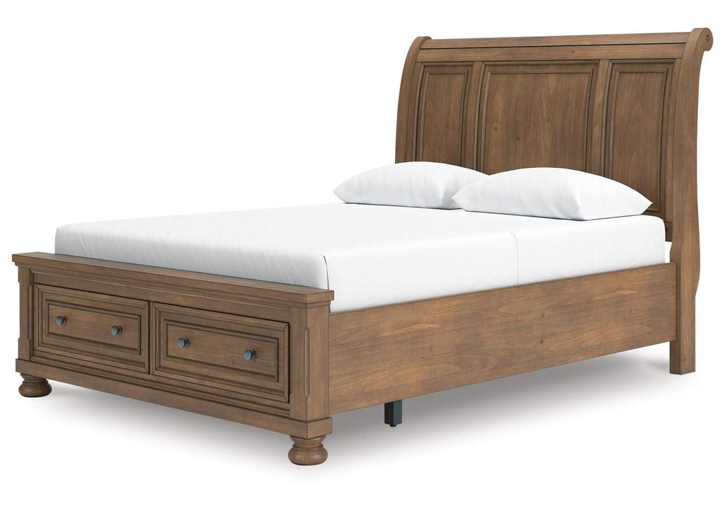 Vandenmore Queen Storage Sleigh Bed with Mirrored Dresser and Nightstand angled view