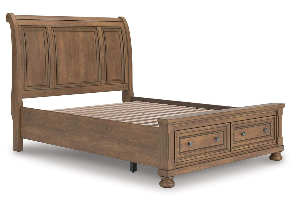 Vandenmore Queen Storage Sleigh Bed with Mirrored Dresser, Chest and Nightstand angled view