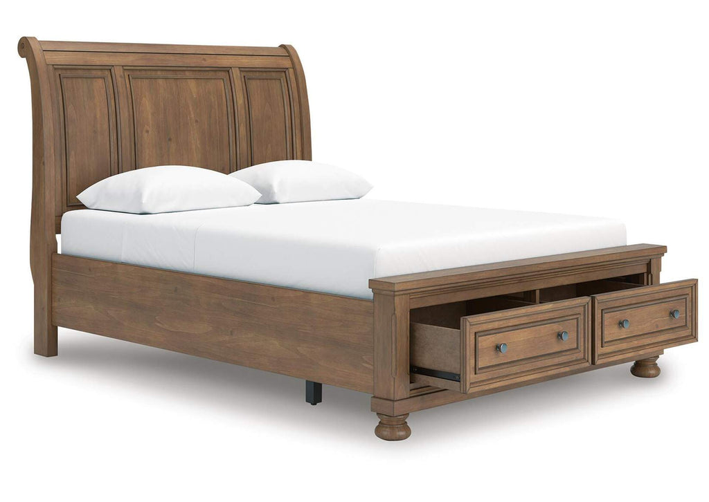 Vandenmore Queen Storage Sleigh Bed with Mirrored Dresser, Chest and 2 Nightstands angled view