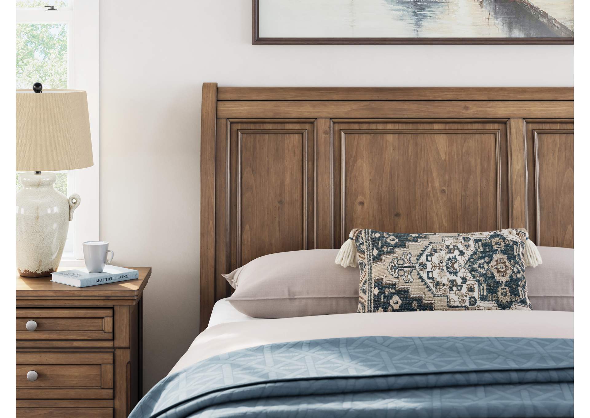 Vandenmore Queen Storage Sleigh Bed with Mirrored Dresser, Chest and 2 Nightstands detail