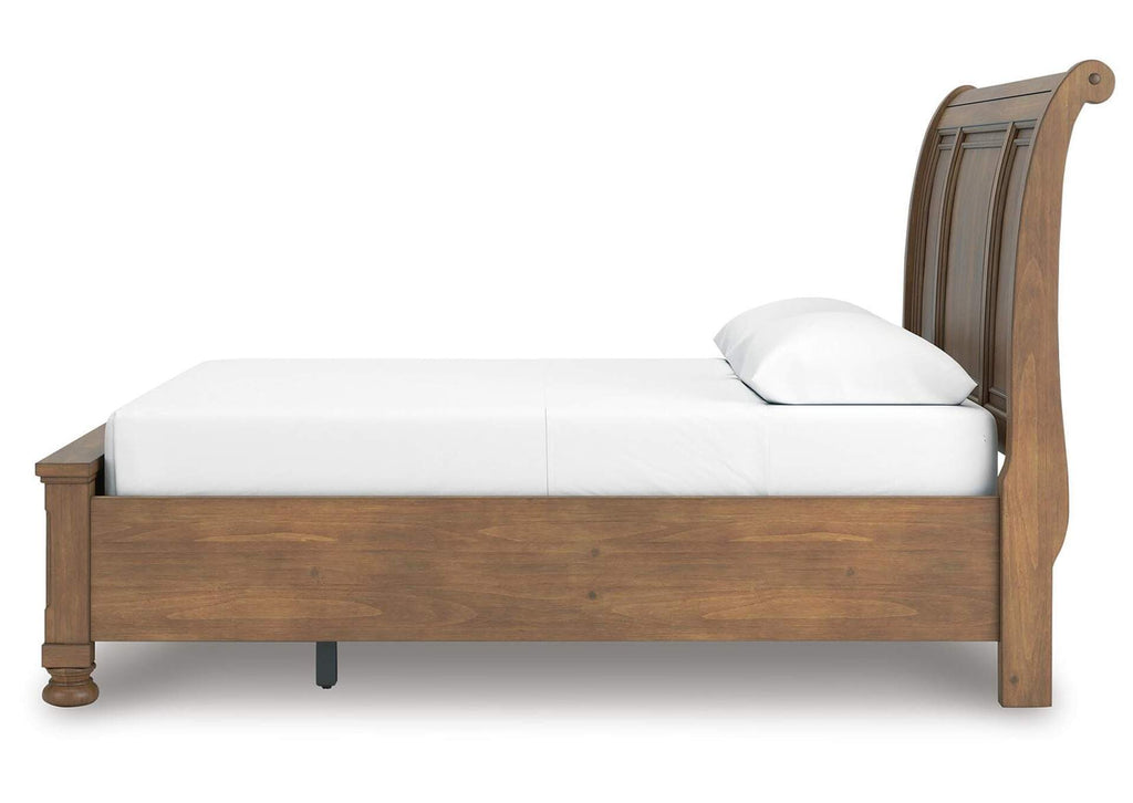 Vandenmore Queen Storage Sleigh Bed with Mirrored Dresser, Chest and Nightstand side view