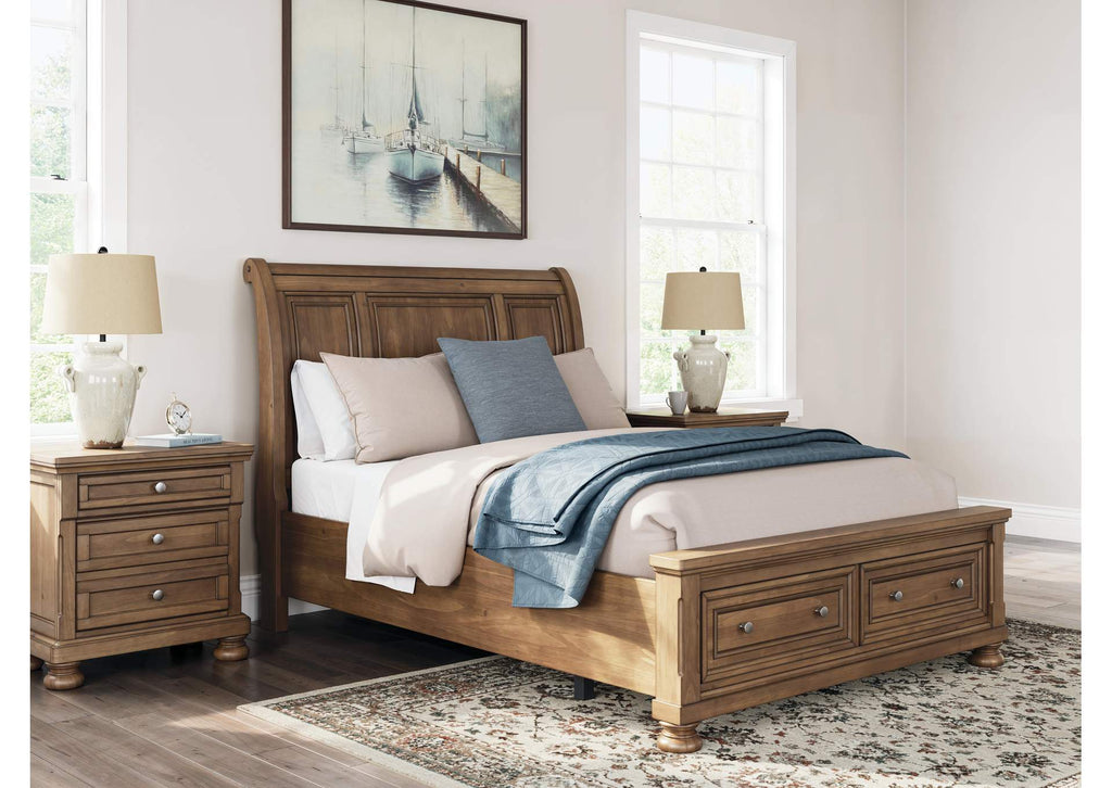 Vandenmore Queen Storage Sleigh Bed with Mirrored Dresser and 2 Nightstands