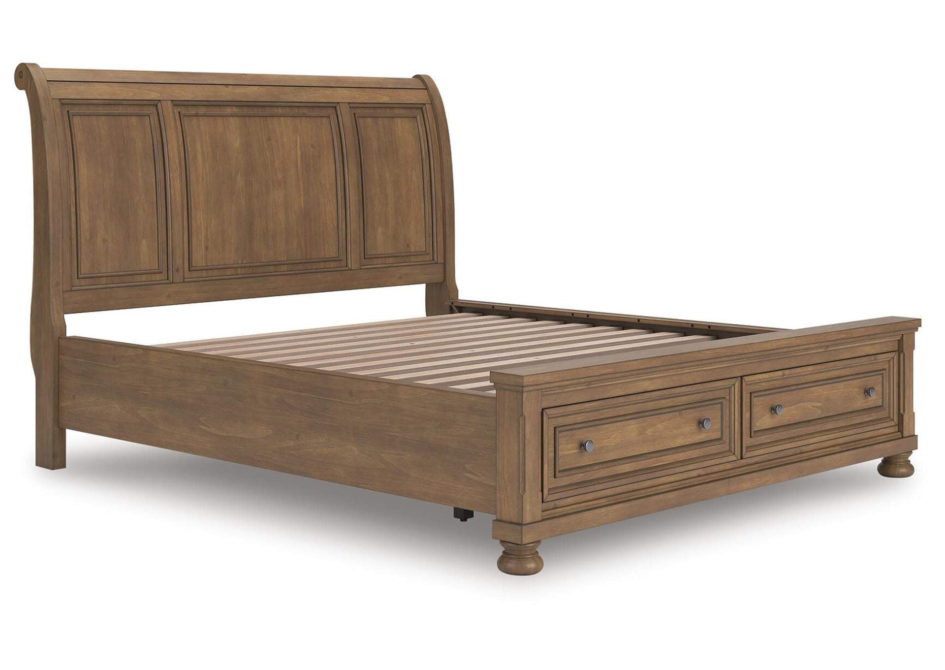 Vandenmore California King Storage Sleigh Bed with Mirrored Dresser and Chest angled view