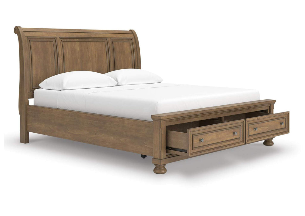 Vandenmore California King Storage Sleigh Bed with Mirrored Dresser and 2 Nightstands angled view