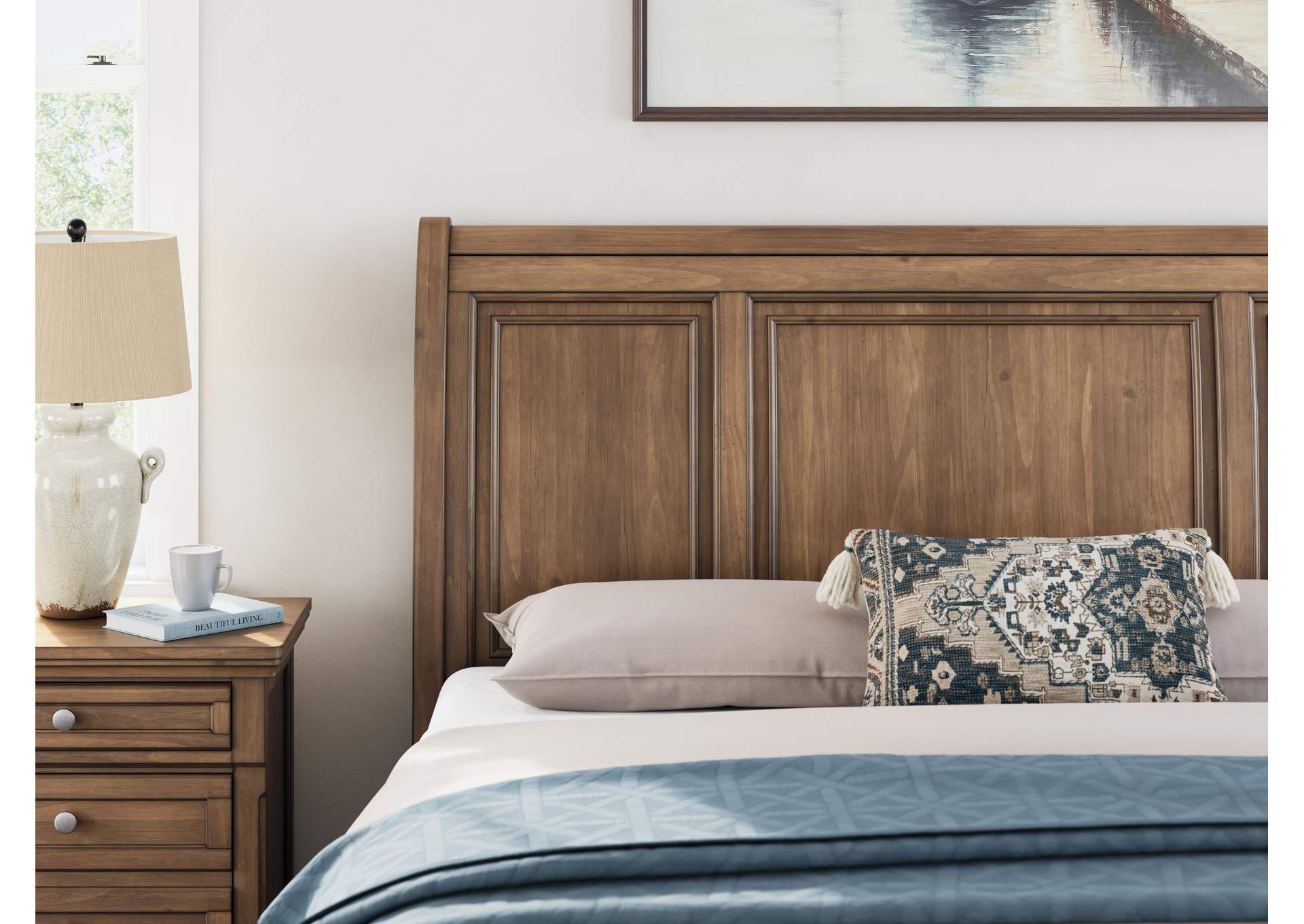 Vandenmore California King Storage Sleigh Bed with Mirrored Dresser and Chest detail