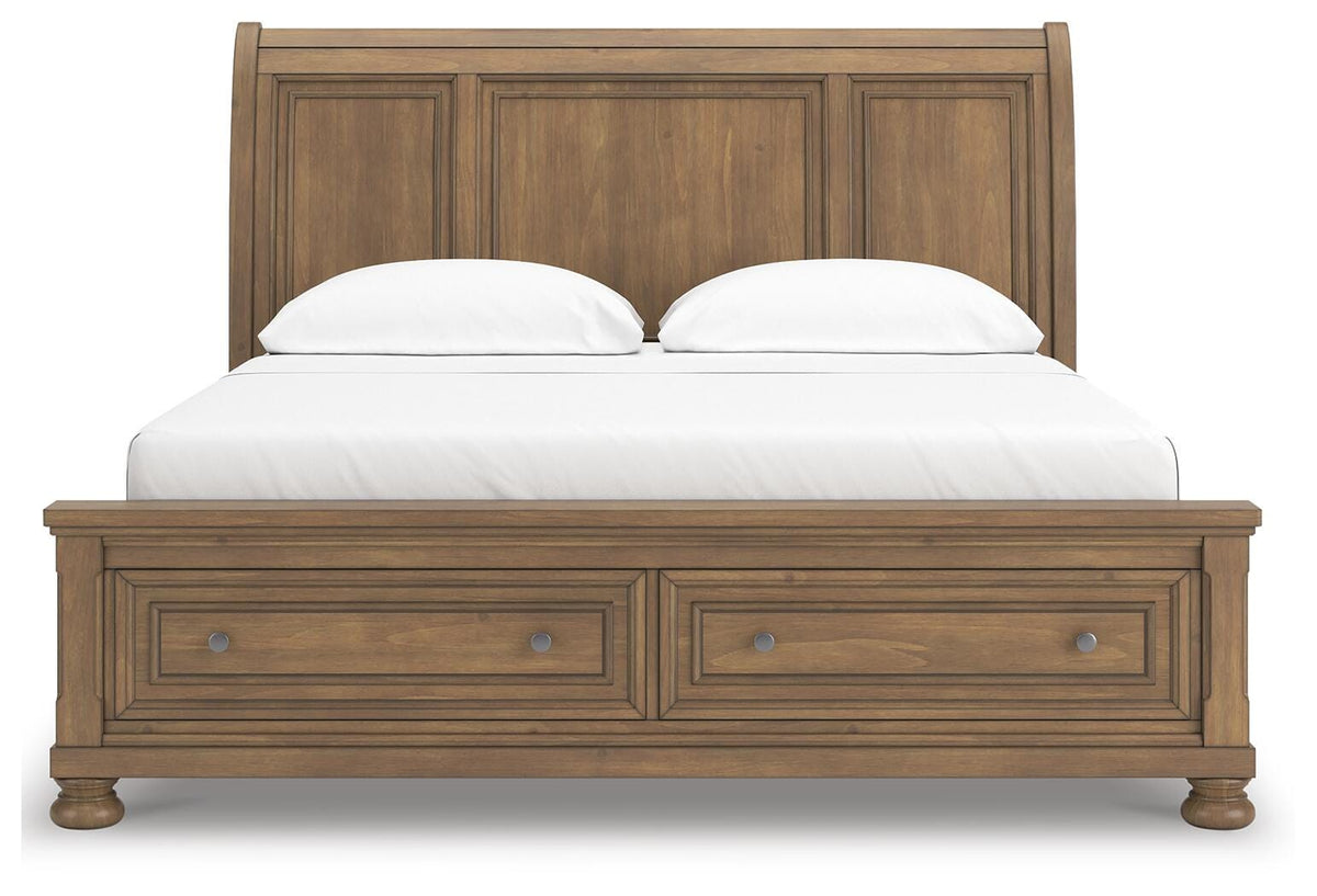 Feddinger California King Storage Sleigh Bed in Medium Brown, front view