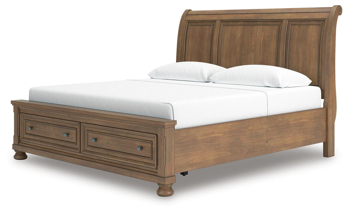 Feddinger King Storage Sleigh Bed in Medium Brown, angle view