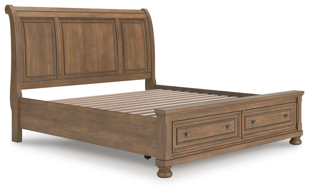 Feddinger King Storage Sleigh Bed in Medium Brown, angle view