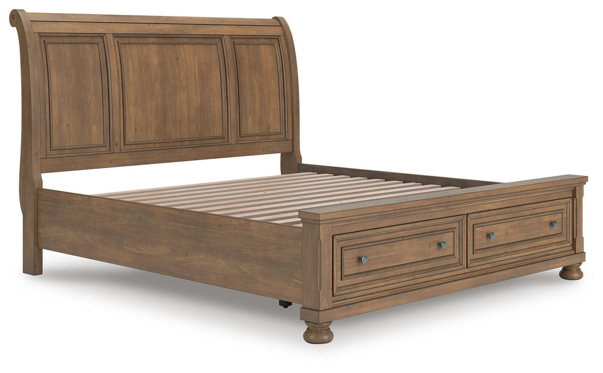 Feddinger King Storage Sleigh Bed in Medium Brown, angle view