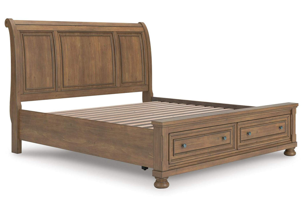 Vandenmore King Storage Sleigh Bed with Mirrored Dresser and 2 Nightstands angled view