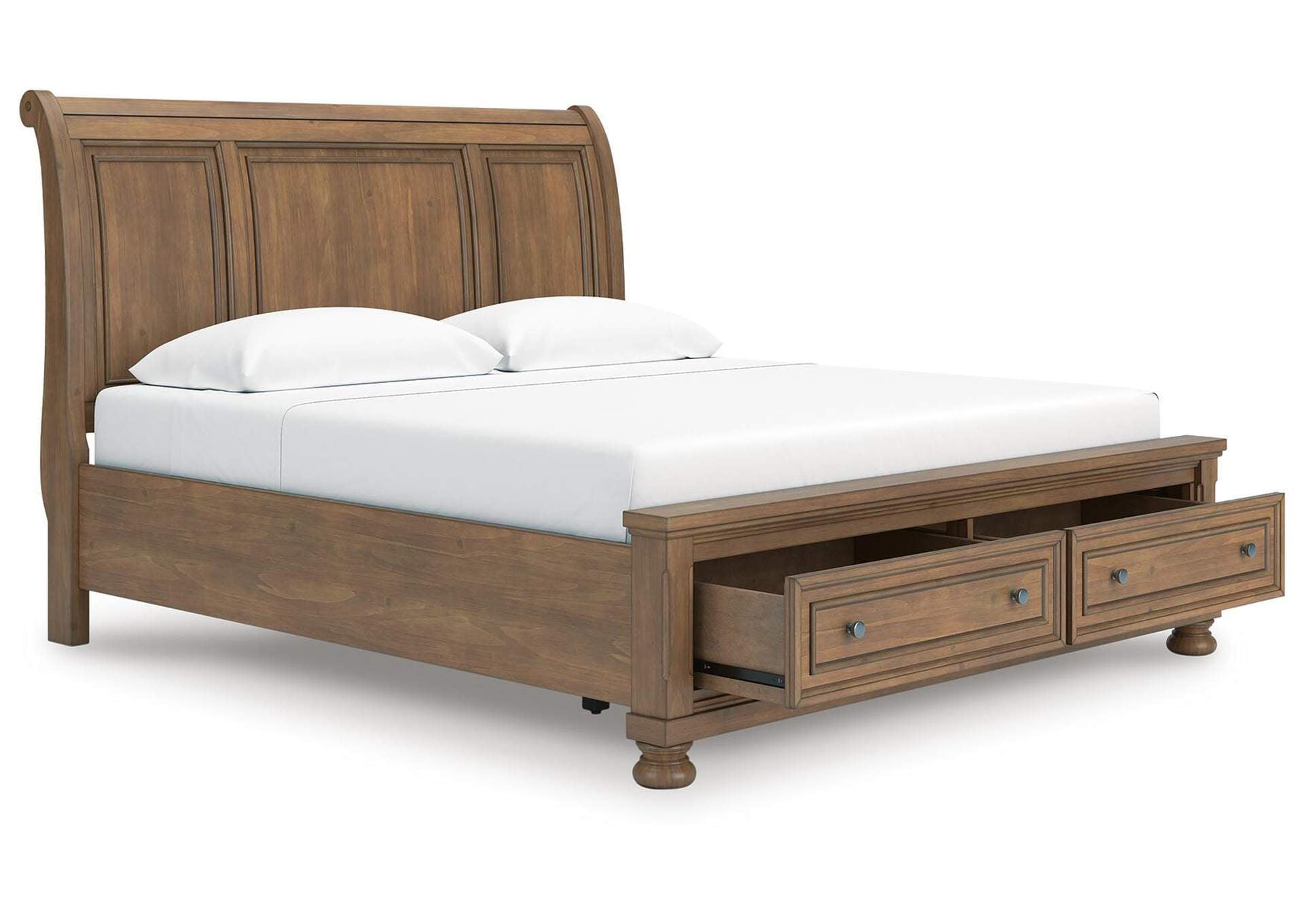 Vandenmore King Storage Sleigh Bed with Mirrored Dresser and 2 Nightstands angled view