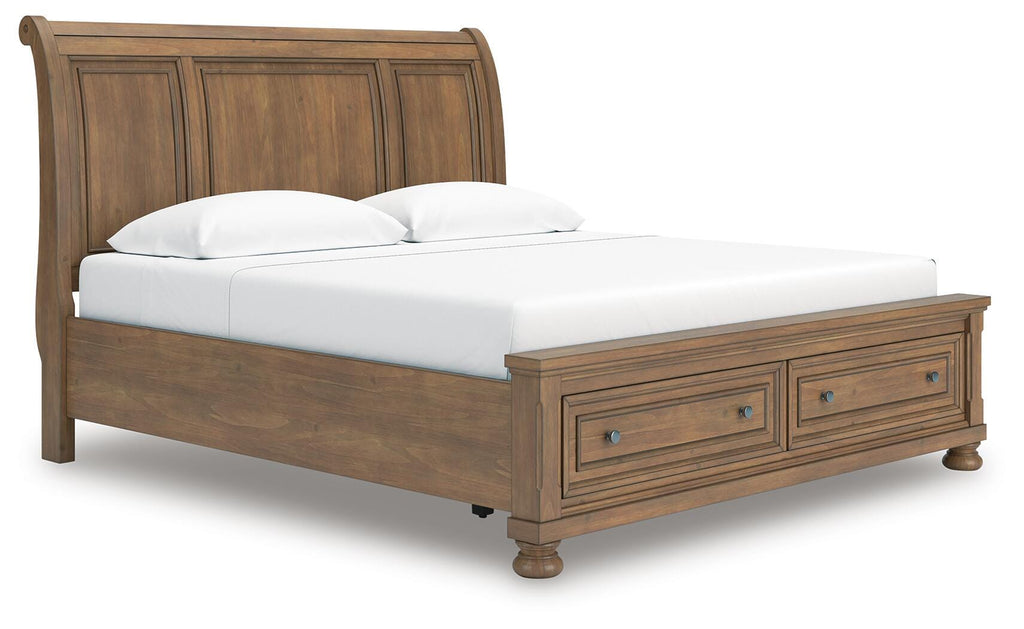 Feddinger King Storage Sleigh Bed in Medium Brown, angle view