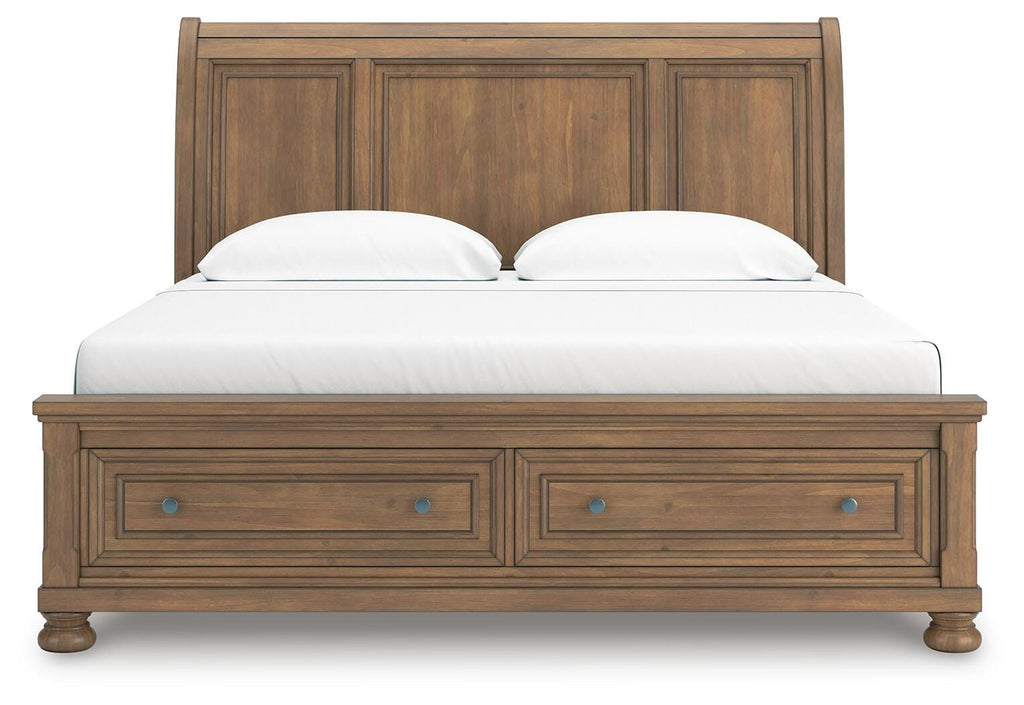 Feddinger King Storage Sleigh Bed in Medium Brown, front view