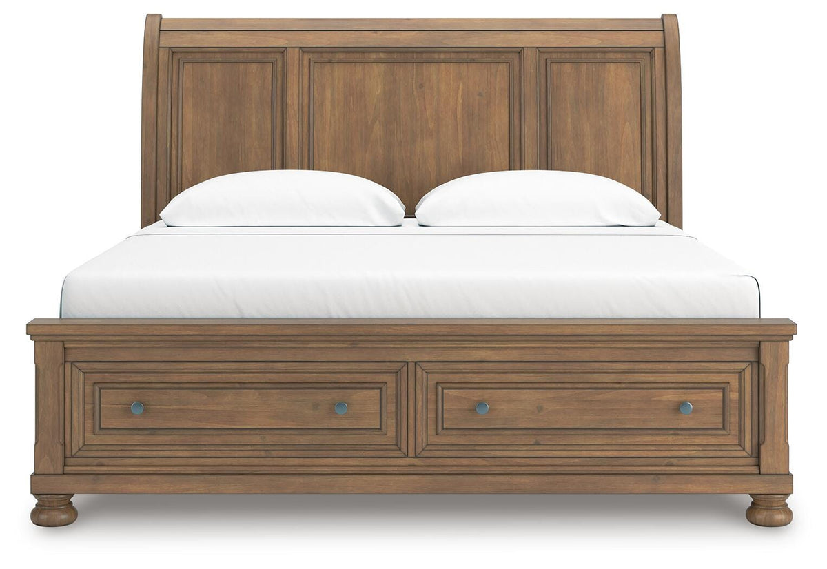 Feddinger King Storage Sleigh Bed in Medium Brown, front view