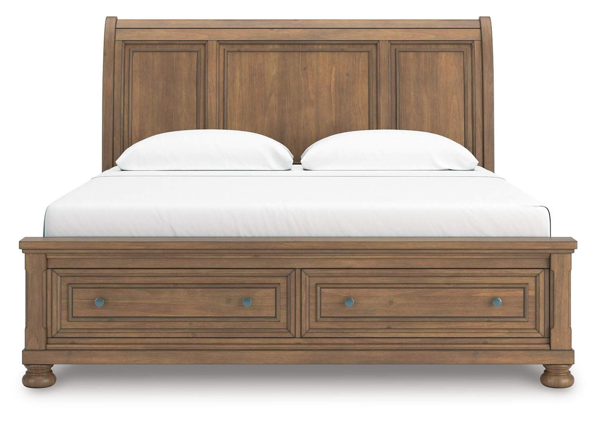 Vandenmore King Storage Sleigh Bed with Mirrored Dresser, Chest and Nightstand front view